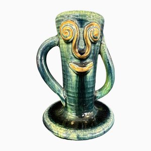 Anthropomorphic Ceramic Candlestick with Green and Gold Enamel from Accolay, 1950s