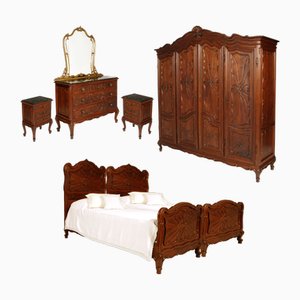 Italian Baroque Carved Walnut Complete Bedroom Set, 1890s, Set of 7