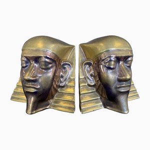 Art Deco Blue and Gold Ceramic Pharaoh Bookends by Primavera for Au Printemps, 1920s, Set of 2