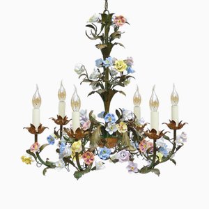 French Chandelier with Porcelain Flower, 1950s