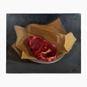 Stillleben mit Steak, Kleines Öl auf Leinwand, 2000er