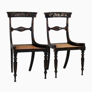 19th Century Antique Ebonised Chinoiserie Occasional Chairs with Cane Seats, Set of 2
