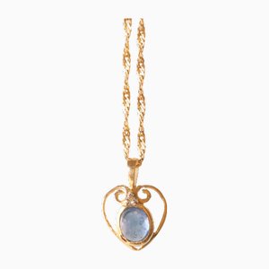 Vintage Necklace with 9k Yellow Gold Chain and 9k Yellow Gold Heart-Shaped Pendant with Cabochon Sapphire and Diamond, 1980s