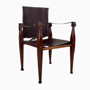 French Teak and Brown Leather Safari Chair, 1930s