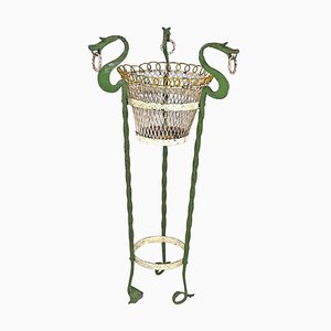 Art Nouveau Italian Green Wrought Iron Vase Holder with Decorative Dragons, 1900s