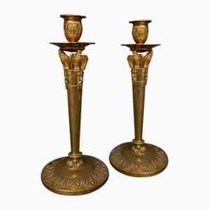 Early 19th Century Gilded Bronze Candleholders Decorated with Owls, Set of 2