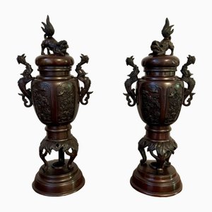 Antique Japanese Bronze Lidded Vases, 1880, Set of 2