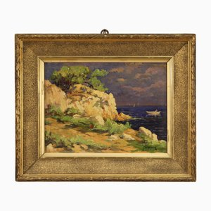 Cliff with Boats, 1930, Oil on Cardboard, Framed