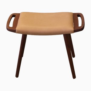 Tabouret en Teck et Cuir avec Poignées en Forme, Danemark, 1960s