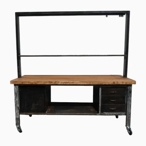 Bancone a isola industriale in acciaio e noce, anni '70