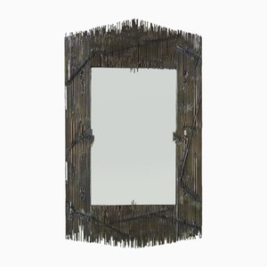 Large Rectangular Brutalist Style Metal on Wood Mirror, 1970s