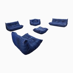 Togo Wohnzimmer Set von Michel Ducaroy für Ligne Roset in Blauem Leder, Frankreich, 1980er, 5 . Set