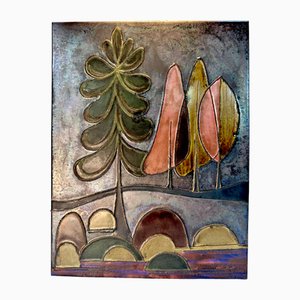 Kunst Wandfliese aus Keramik mit Baummotiv in abstrahierter Landschaft, 1960er