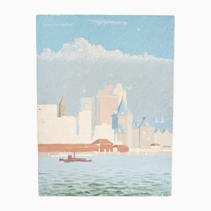 City Skyline, Acrylic Painting, 1970s