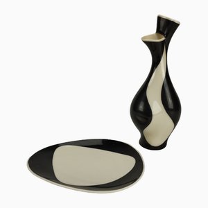 Vase et Petit Bol en Porcelaine avec Décor Noir et Blanc par Lindner Kueps Bavaria, 1957, Set de 2