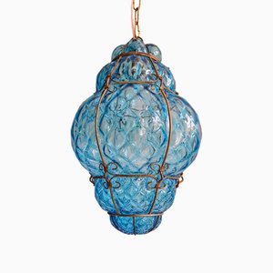 Lámpara colgante veneciana grande de cristal de Murano soplado azul