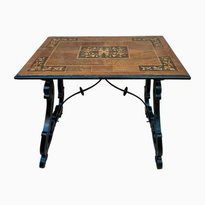 Spanish Baroque Side Table with Lyre Legs and Marquetry Top, 1850