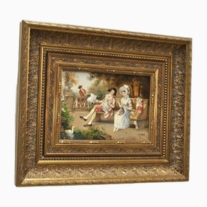 Lambert, Lovers in the Garden by a Lake with a Swan, 19th Century, Oil on Copper, Framed
