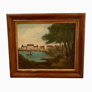 Artista sueco, Escena de castillo y lago, Pintura al óleo, Enmarcado