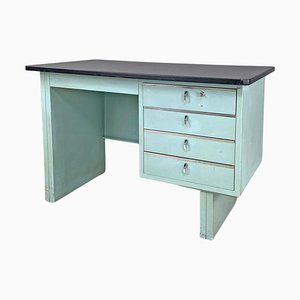Mid-Century Modern Italian Desk in Light Blue Metal and Black Leather Top, 1960s