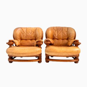 Poltrone vintage in legno e pelle, set di 2