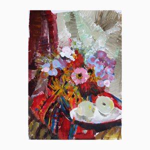 Victor Karnauh, Nature Morte avec Fleurs et Pommes, Huile sur Papier, 1990s