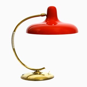 Large Mid-Century Modern Brass Table Lamp with Red Metal Shade, 1950s