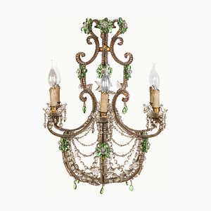 Italian Crystal Beaded Chandelier Fixture with Green Flowers