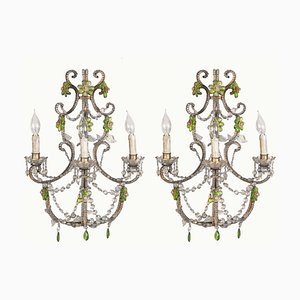 Italienische Wandleuchten oder Wandleuchten mit Kristallperlen und Grünen Blumen, 2er Set
