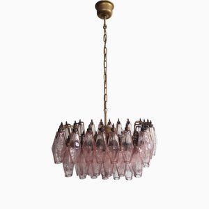 Lámpara de araña de cristal de Murano Poliedri con gafas rosas de Carlo Scarpa, años 90