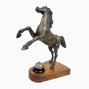 Bronze Horse Sculpture with Walnut Base and Reception Bell, 1940s