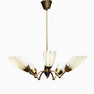 German Brass and Black Five-Arm Sputnik Chandelier with Art Glass Shades, 1950s