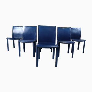 Blaue Vintage Leder Esszimmerstühle von Arper, Italien, 1980er, 6er Set