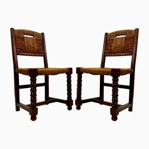 Vintage French Oak and Rush Dining Chairs, 1930s, Set of 6
