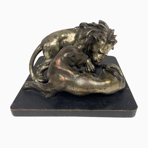 C. Ganci, Lucha entre león y tigre, años 20, Escultura de plata