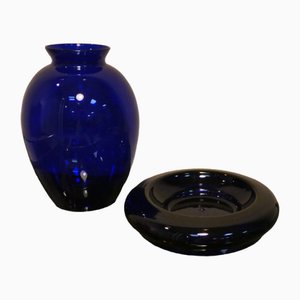 Jarrón y cenicero en azul cobalto de Carlo Moretti, años 90. Juego de 2
