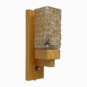 Danish Cubist Wall Sconce in Pressed Glass and Beech from Vitrika, 1960s