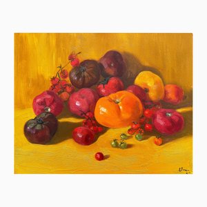 Bodegón con tomates sobre fondo amarillo, década de 2000, óleo sobre lienzo