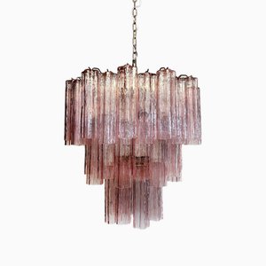 Mid-Century Modern Three-Tier Murano Glass Tube Chandelier with 48 Pink Glasses, 1990s