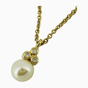 Faux Pearl Rhinestone Plated Gold Necklace by Christian Dior