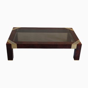Coffee Table in Briar Root and Brass Inserts with Smoked Glass by Jean Claude Mahey, France, 1970s
