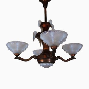 Lampadario Art Déco in rame e vetro di Ezan, Francia, anni '40