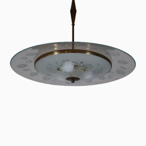 Hängelampe aus Glas & Messing im Stil von Fontana Arte, 1950er