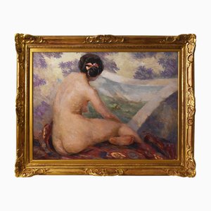 Femme Nue Art Déco, 20ème Siècle, Huile sur Panneau, Encadrée