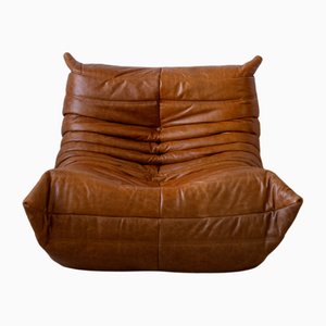 Vintage Pine & Leather Togo Lounge Chair by Michel Ducaroy for Ligne Roset