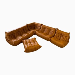 Set da salotto Togo in pelle color cognac di Michel Ducaroy per Ligne Roset, set di 5