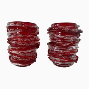Italienische Art Deco Murano Glas Vasen in Kirschrot & Transparent von Cenedese, 2000er, 2er Set