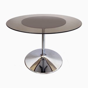 Mesa de comedor Mid-Century redonda de vidrio ahumado con base de tulipán de cromo de Eero Saarinen, Alemania, 1975