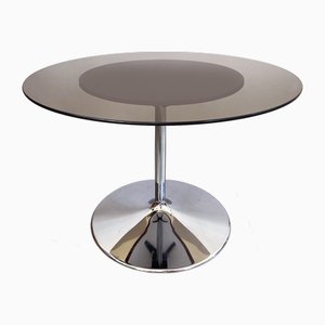 Mid-Century Round Smoked Glass Dining Table in Chrome Tulip Base by Eero Saarinen, Germany, 1975