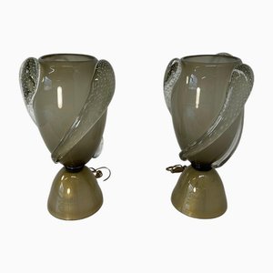 Italienische Art Deco Murano Glas Vasen Lampen in Grau & Blattgold, 2000er, 2er Set
